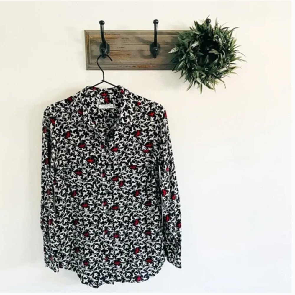 Equipment Black Red Silk Crane Button Up Blouse sz M